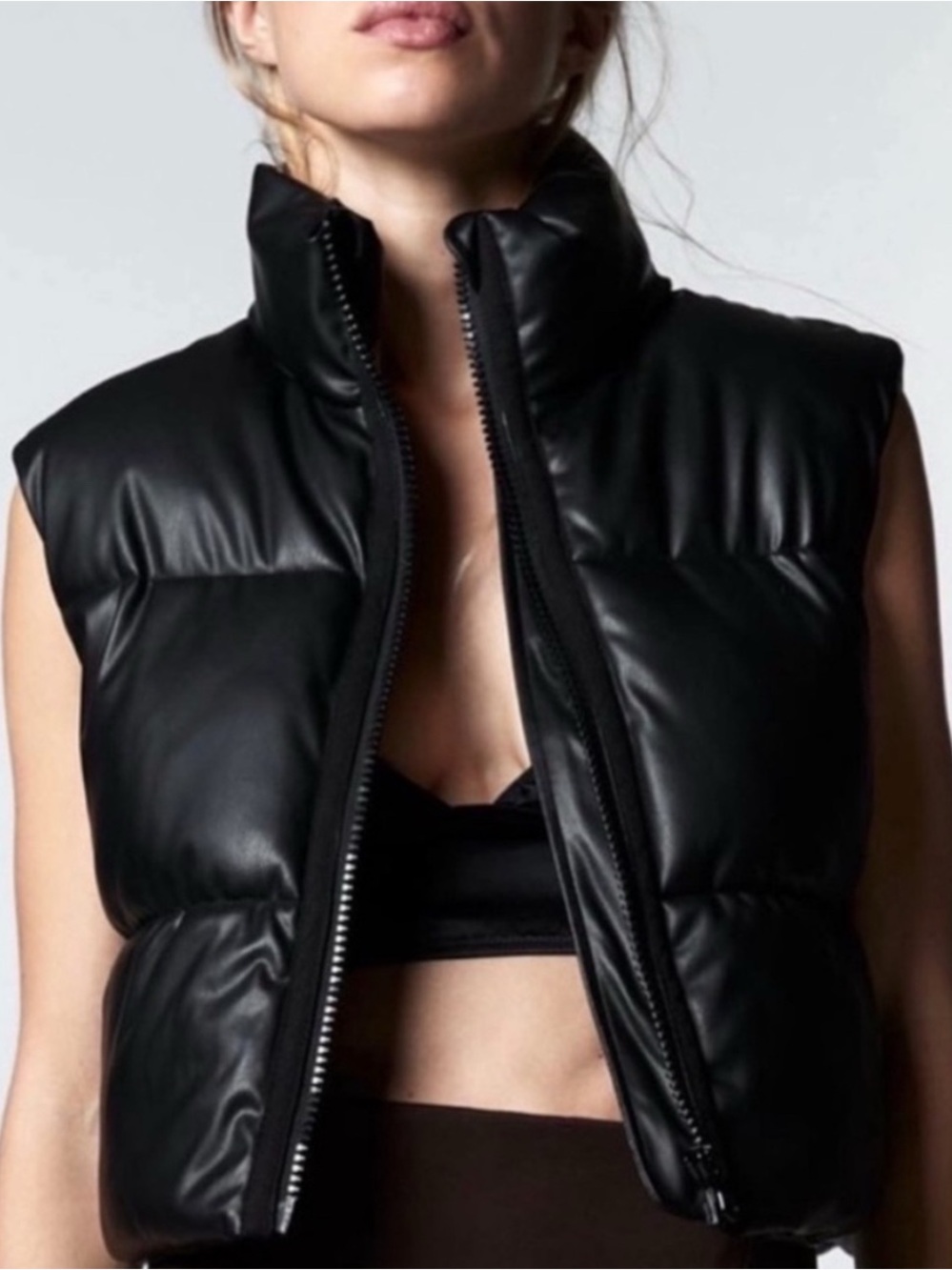 Zara Black Faux Leather Cropped Puffer Vest Quilted Whimsigoth, Size Medium